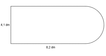 På figuren ser vi et rektangel med sider 4,1 dm og 8 dm. Sidene på 4,1 dm er loddrette, og inntil den loddrette siden til høyre er det lagt til en halvsirkel (som altså har diameter 4,1 dm). Den totale omkretsen blir altså tre av sidene i rektanglet pluss halvsirkelbuen.